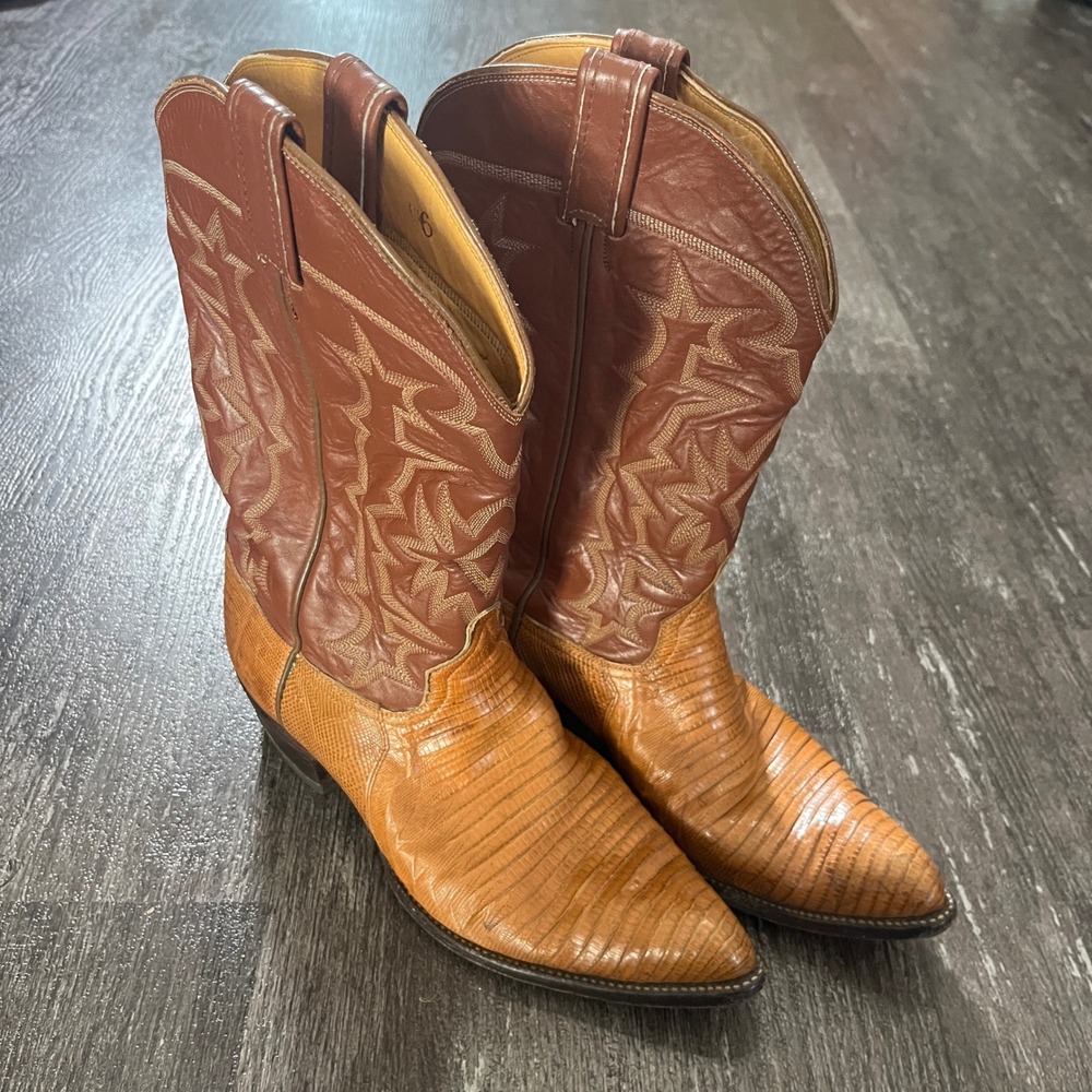 Vintage Tony Lama Lizard Cowboy Boots Men Size 10 D Brown Western Riding